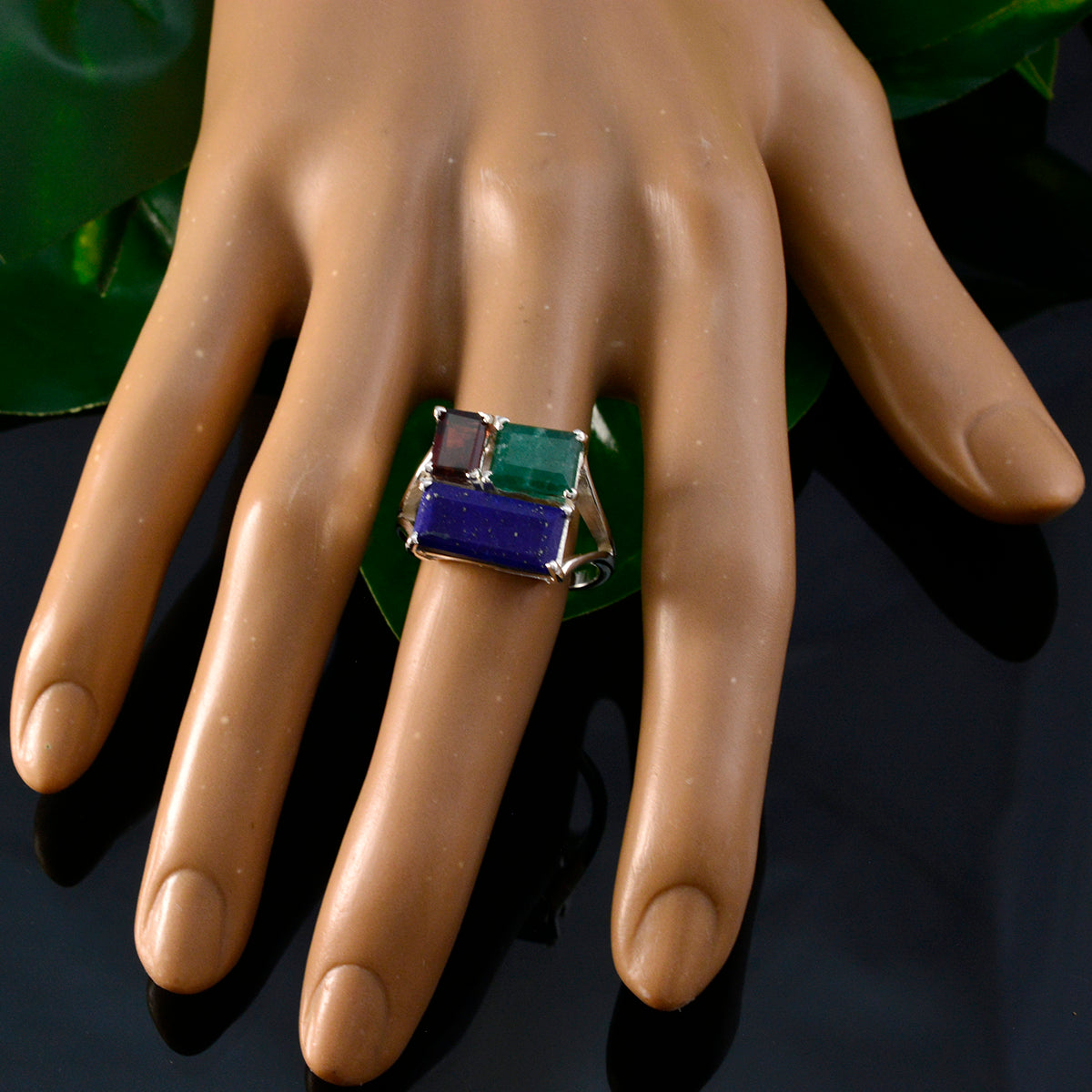 Multi Stone Trilogy Moroccan Silver multicolor Gemstone Classic Trendy Ring Jewellery