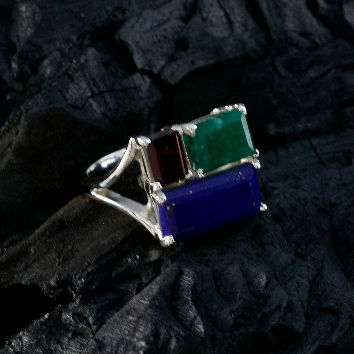 Multi Stone Trilogy Moroccan Silver multicolor Gemstone Classic Trendy Ring Jewellery