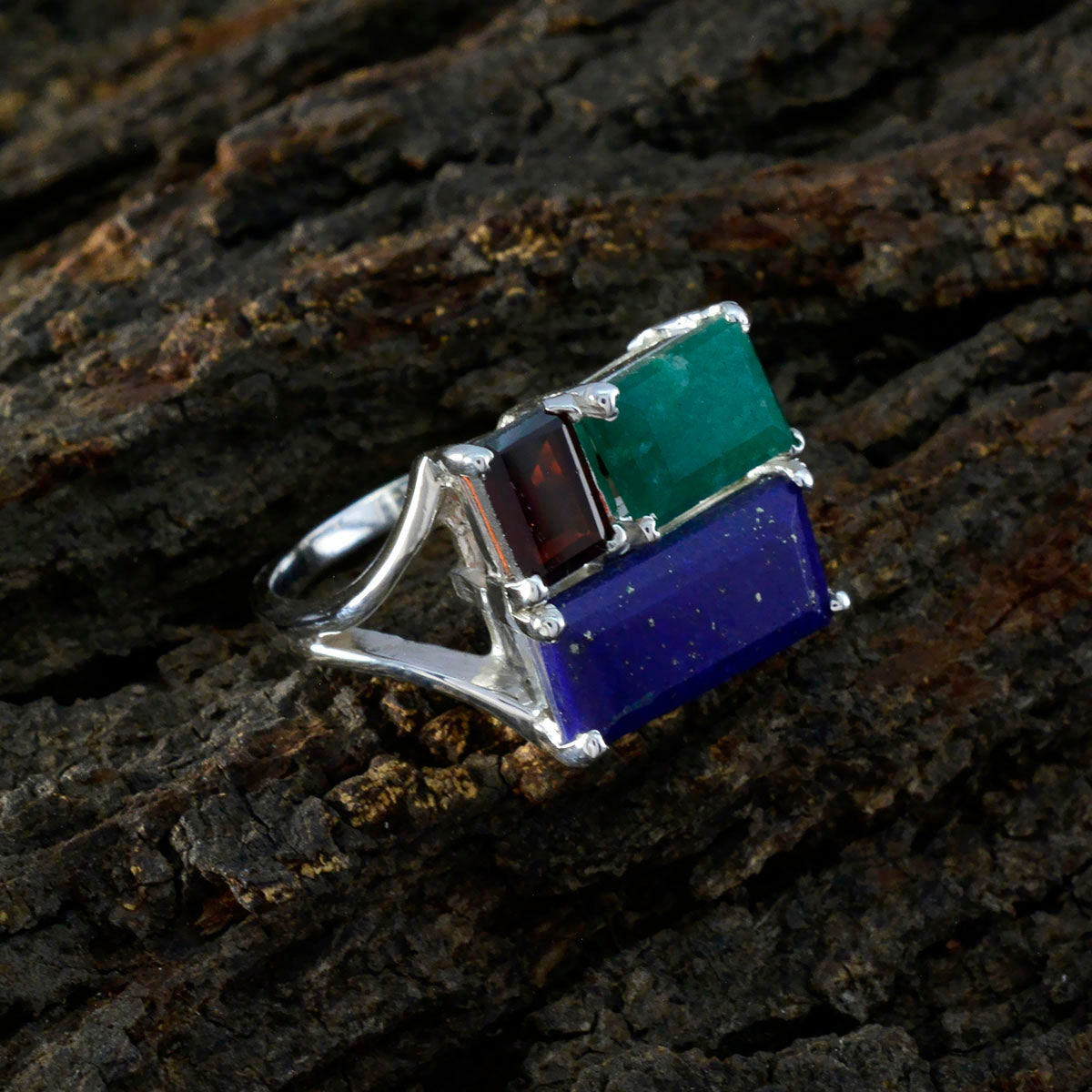 Multi Stone Trilogy Moroccan Silver multicolor Gemstone Classic Trendy Ring Jewellery