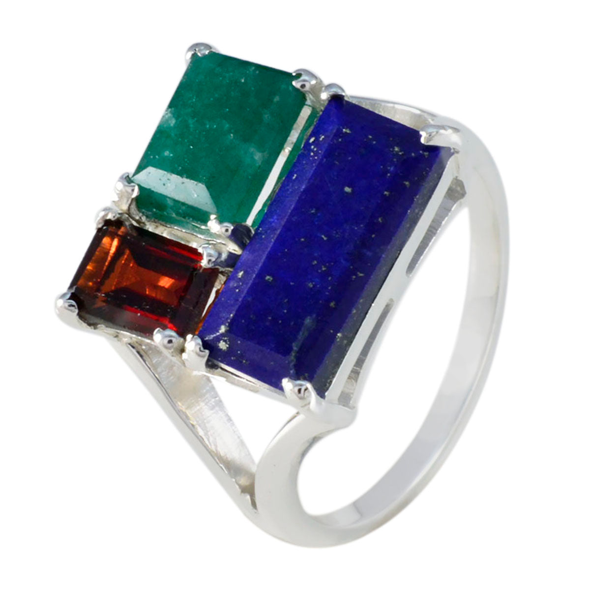 Multi Stone Trilogy Moroccan Silver multicolor Gemstone Classic Trendy Ring Jewellery