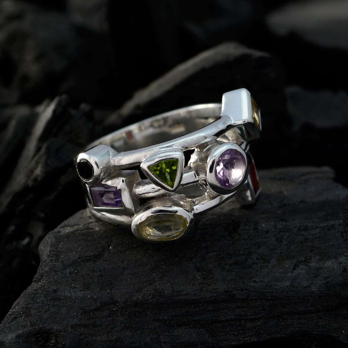 Multi Stone multiple German 92.5 Silver multicolor Gemstones Versatile Cocktail Ring Jewelry