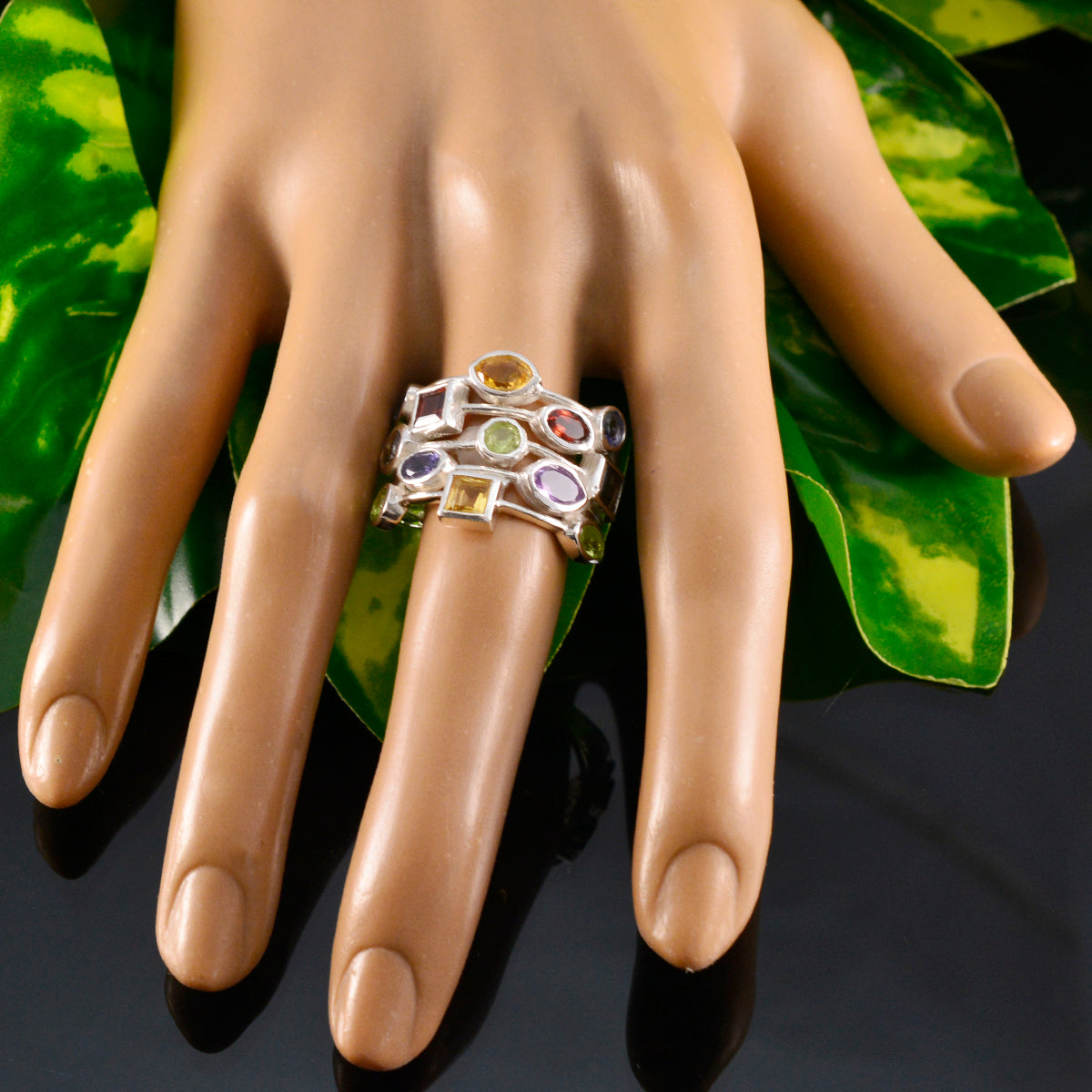 Multi Stone multiple Moroccan 925 Sterling Silver multicolor Gemstone Eye catching Cocktail Ring Jewelry