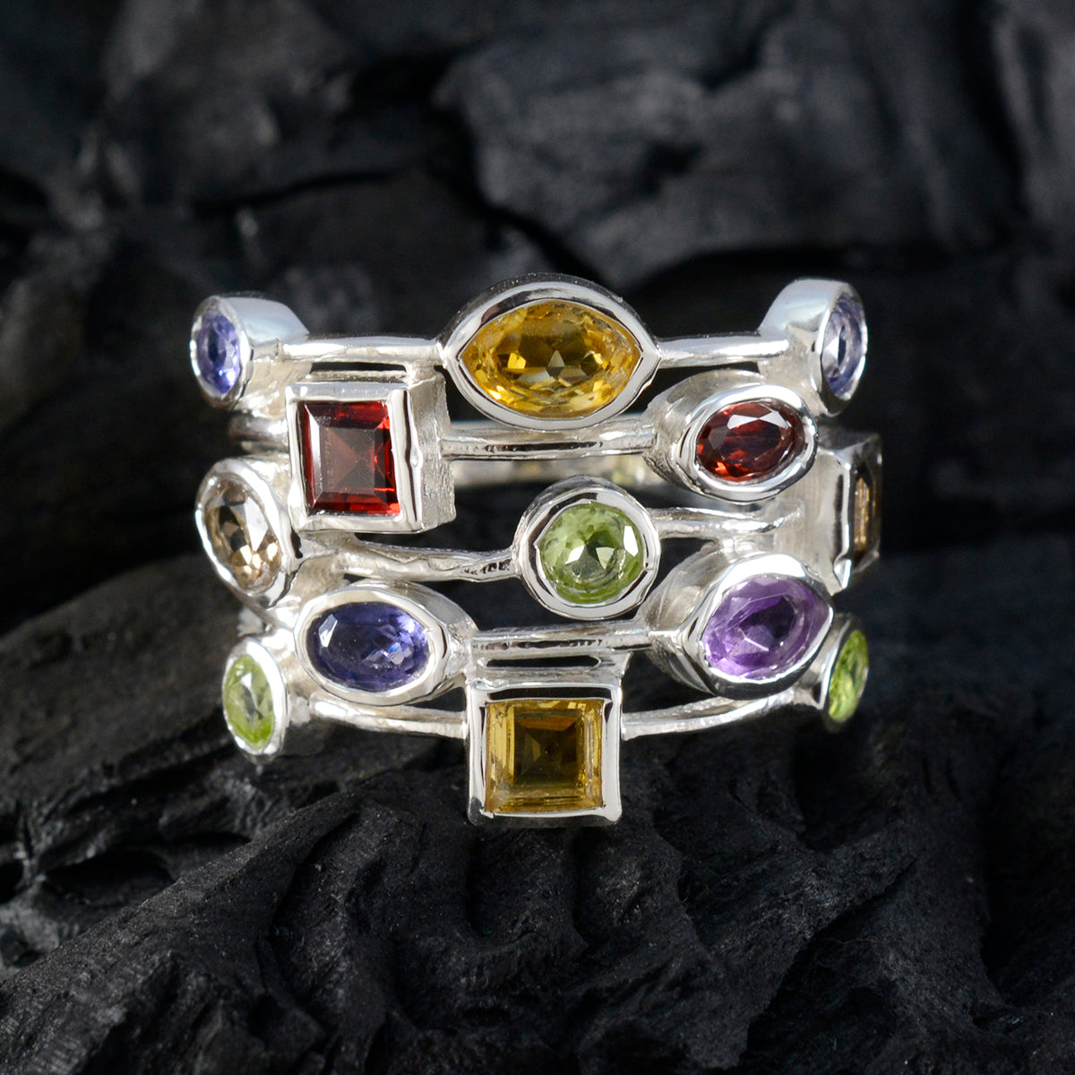 Multi Stone multiple Moroccan 925 Sterling Silver multicolor Gemstone Eye catching Cocktail Ring Jewelry