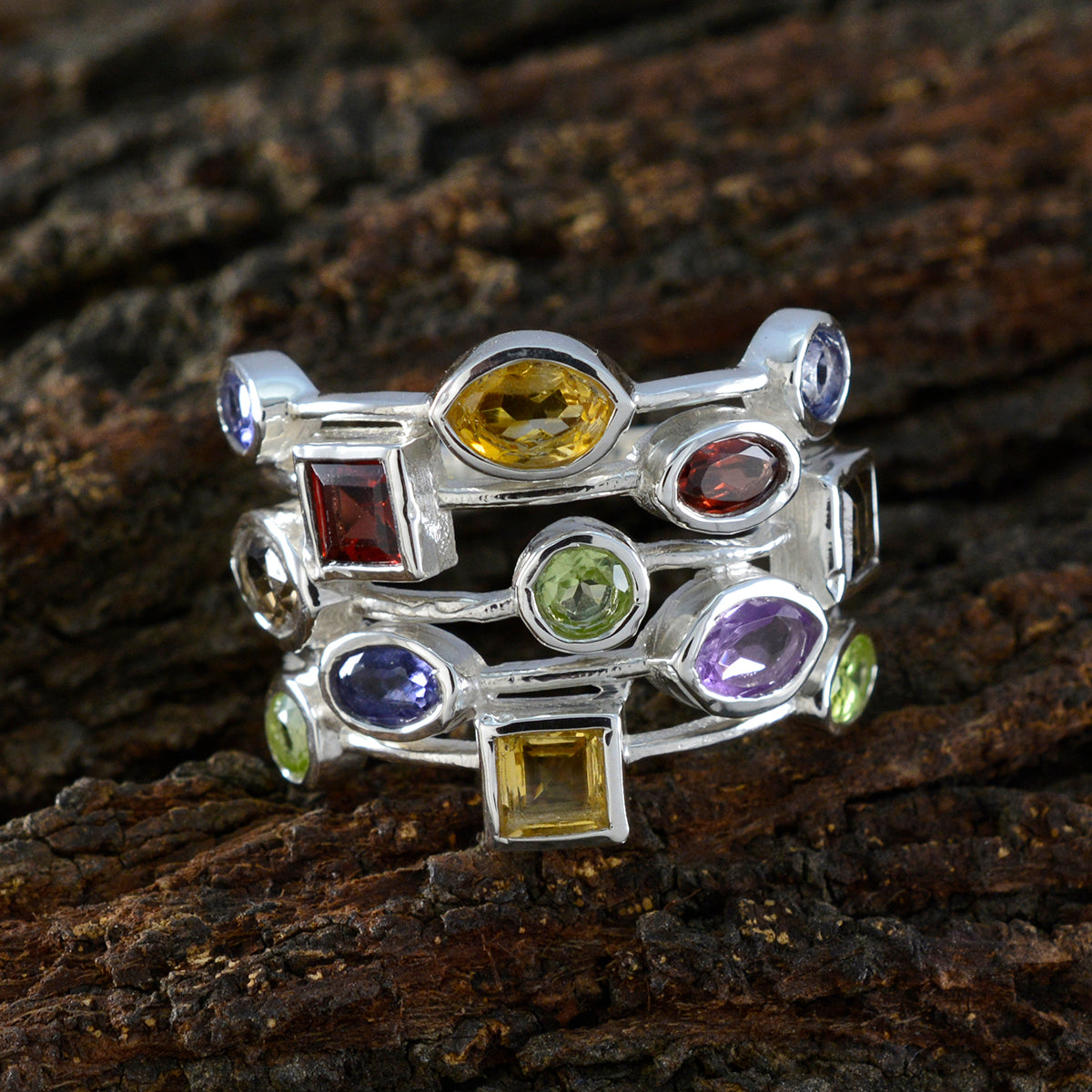 Multi Stone multiple Moroccan 925 Sterling Silver multicolor Gemstone Eye catching Cocktail Ring Jewelry
