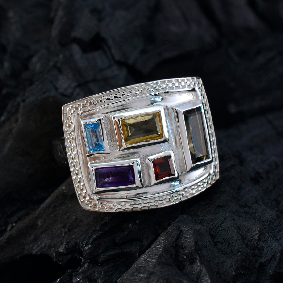Multi Stone penta Egyptian 925 Sterling Silver multicolor Gemstone Versatile Cocktail Ring Jewellery