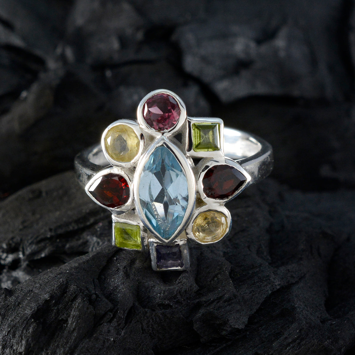 Multi Stone navratna African 92.5 Silver multicolor Gems Eye catching Cocktail Ring Jewelry