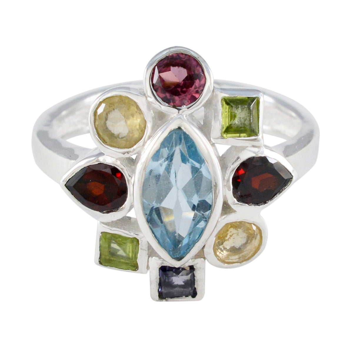 Multi Stone navratna African 92.5 Silver multicolor Gems Eye catching Cocktail Ring Jewelry メイン画像