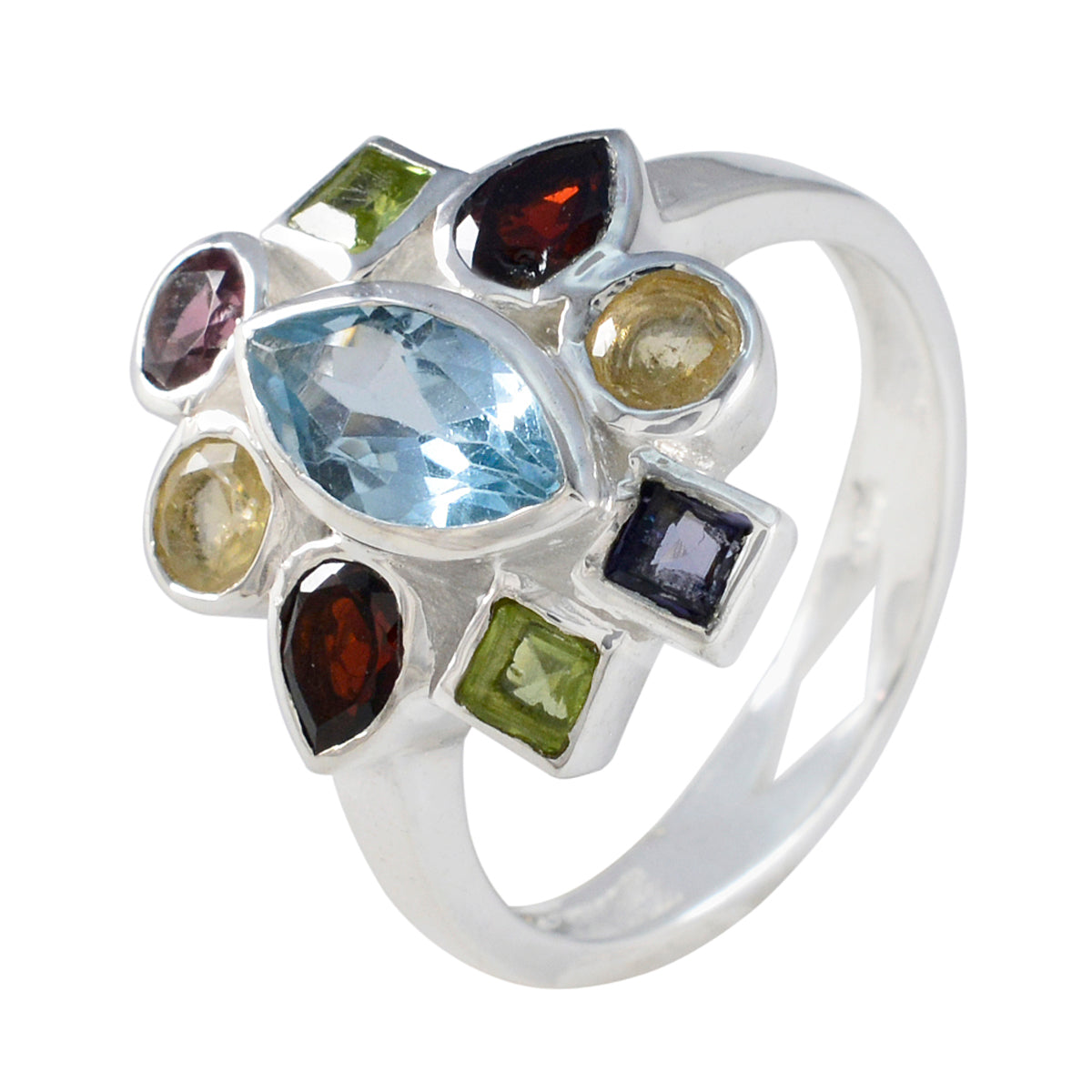 Multi Stone navratna African 92.5 Silver multicolor Gems Eye catching Cocktail Ring Jewelry