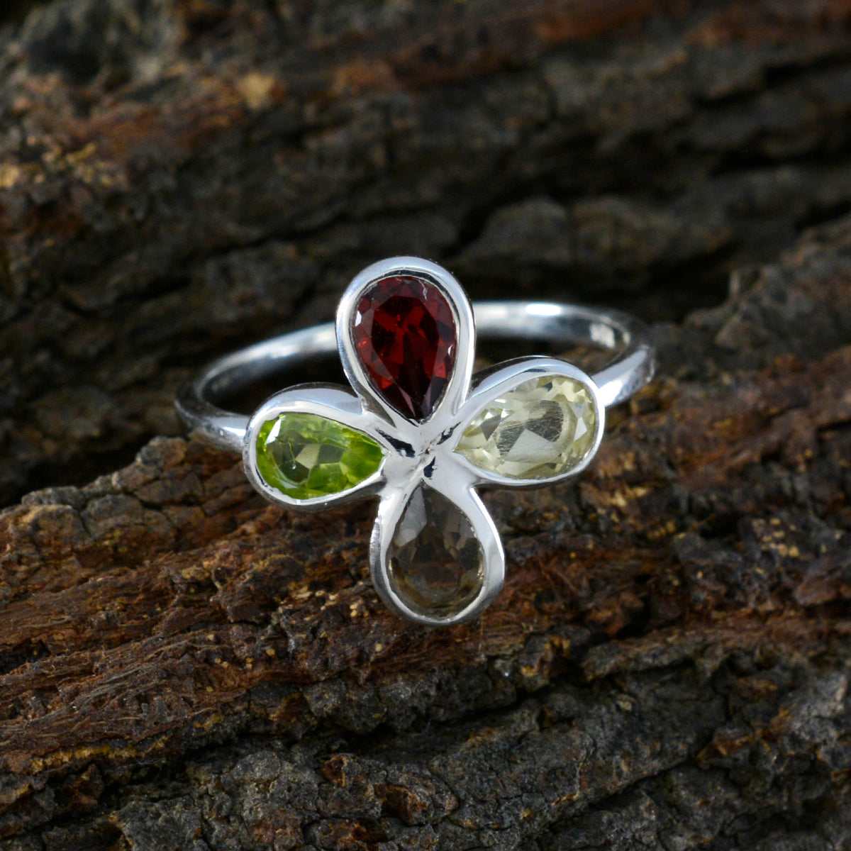 Multi Stone quarter Japanese 92.5 Silver multicolor Gemstones Dainty Floral Ring Jewelry