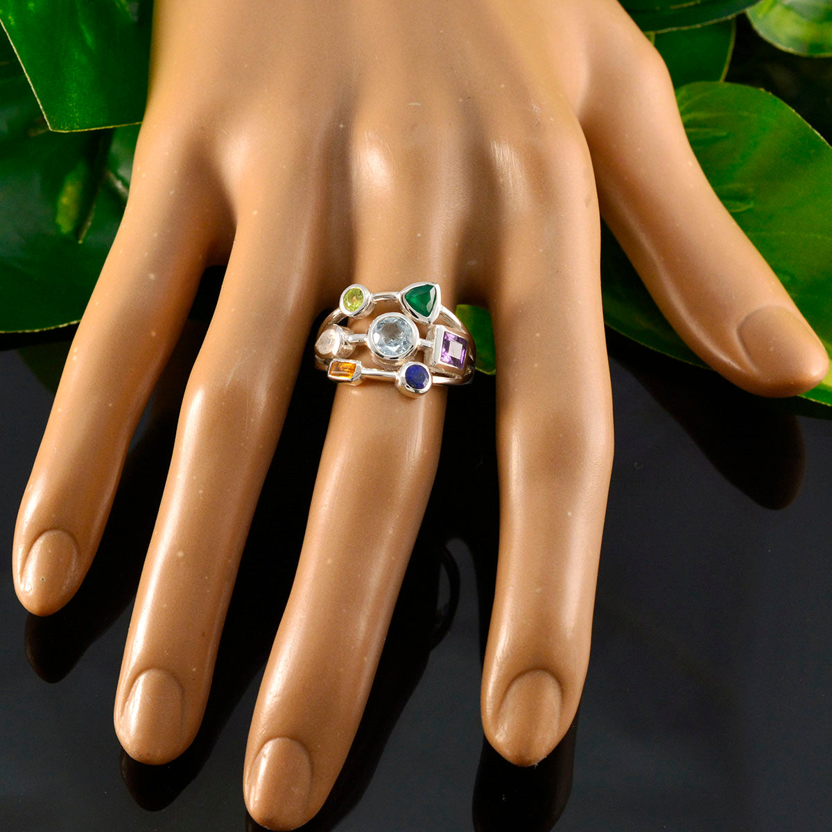 Multi Stone Hepta Egyptian 92.5 Silver multicolor Gems Featherlight Cocktail Ring Jewellery