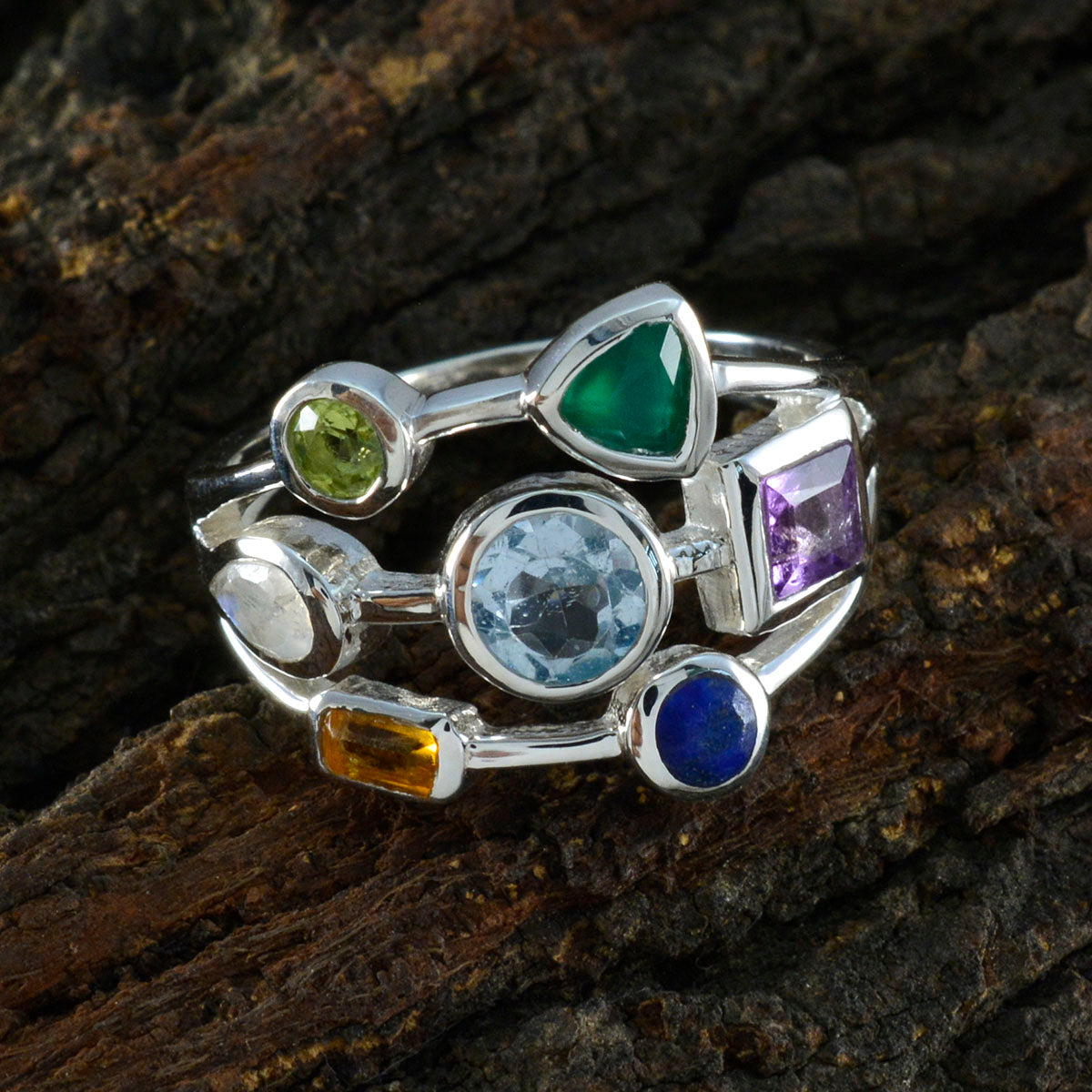 Multi Stone Hepta Egyptian 92.5 Silver multicolor Gems Featherlight Cocktail Ring Jewellery