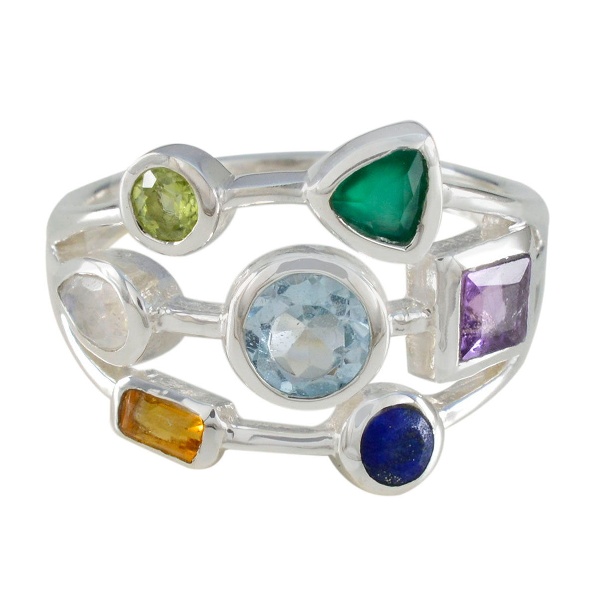 Multi Stone Hepta Egyptian 92.5 Silver multicolor Gems Featherlight Cocktail Ring Jewellery