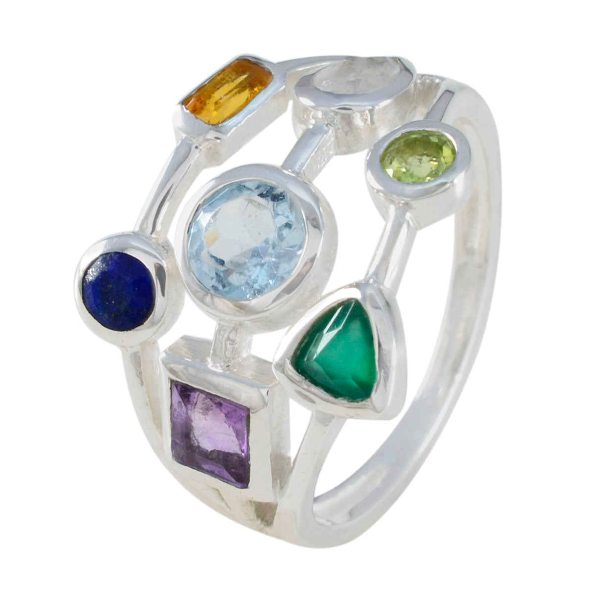 Multi Stone Hepta Egyptian 92.5 Silver multicolor Gems Featherlight Cocktail Ring Jewellery