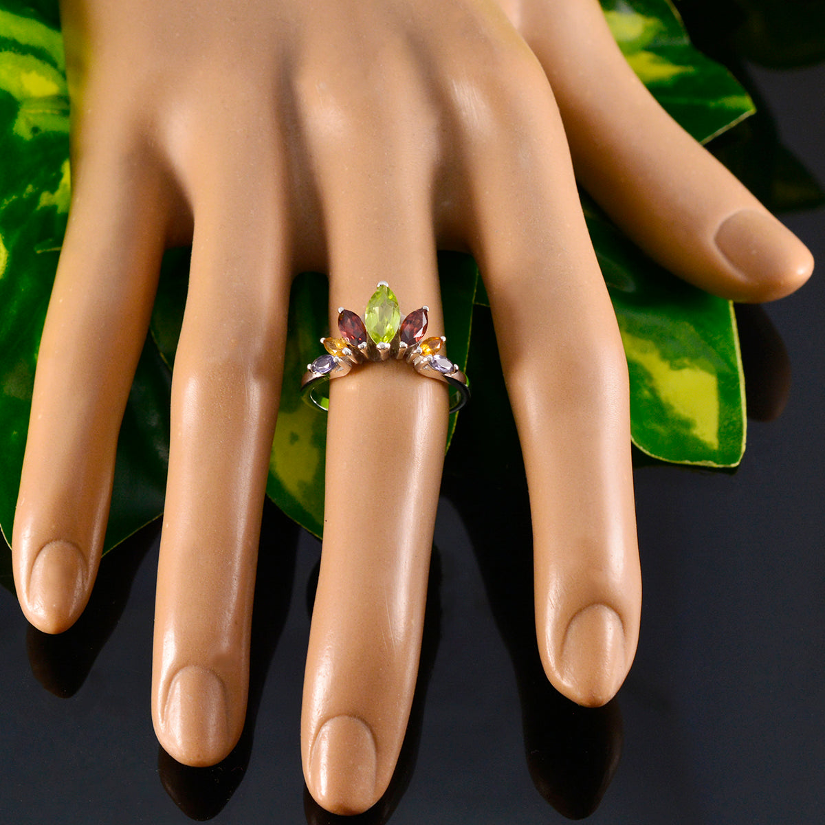 Multi Stone Hepta American Sterling Silver multicolor Gemstones Dainty crown Ring Jewelry