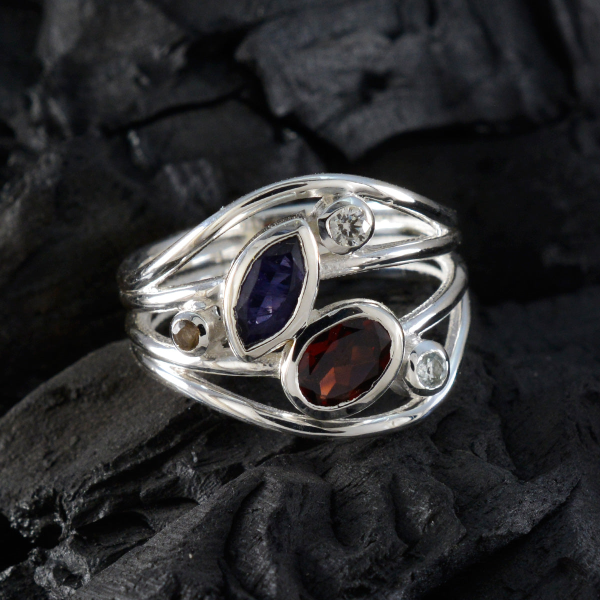 Multi Stone Penta German 92.5 Silver multicolor Gems Eye catching Contemporary Ring Jewelry