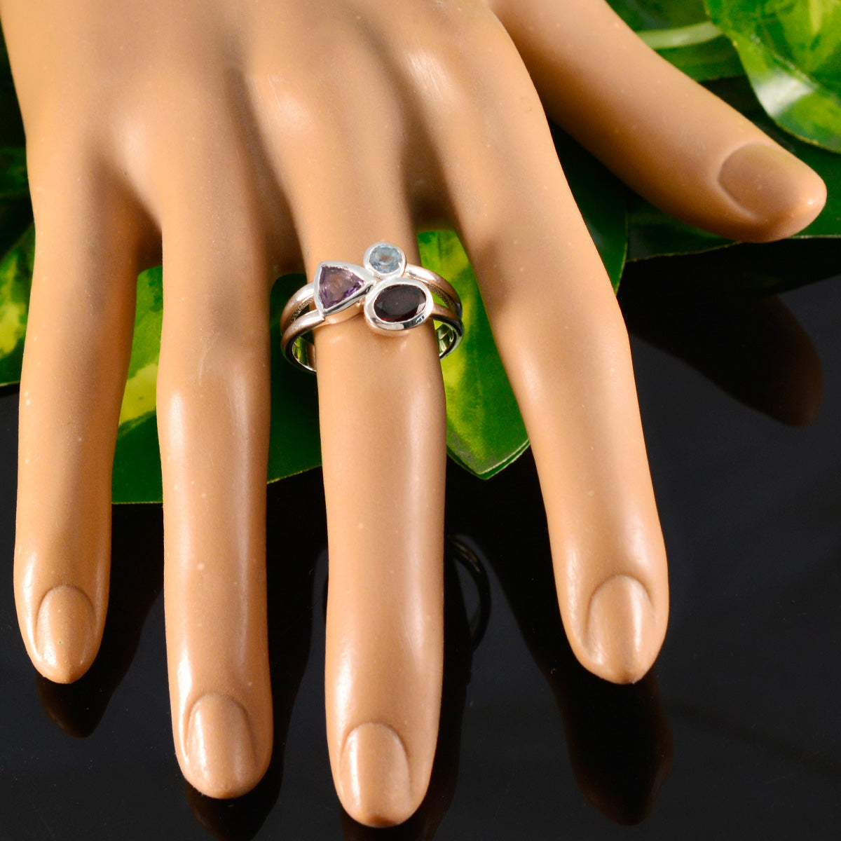 Multi Stone Trilogy Indian 925 Sterling Silver multicolor Gemstone Minimal Romantic Ring Jewellery