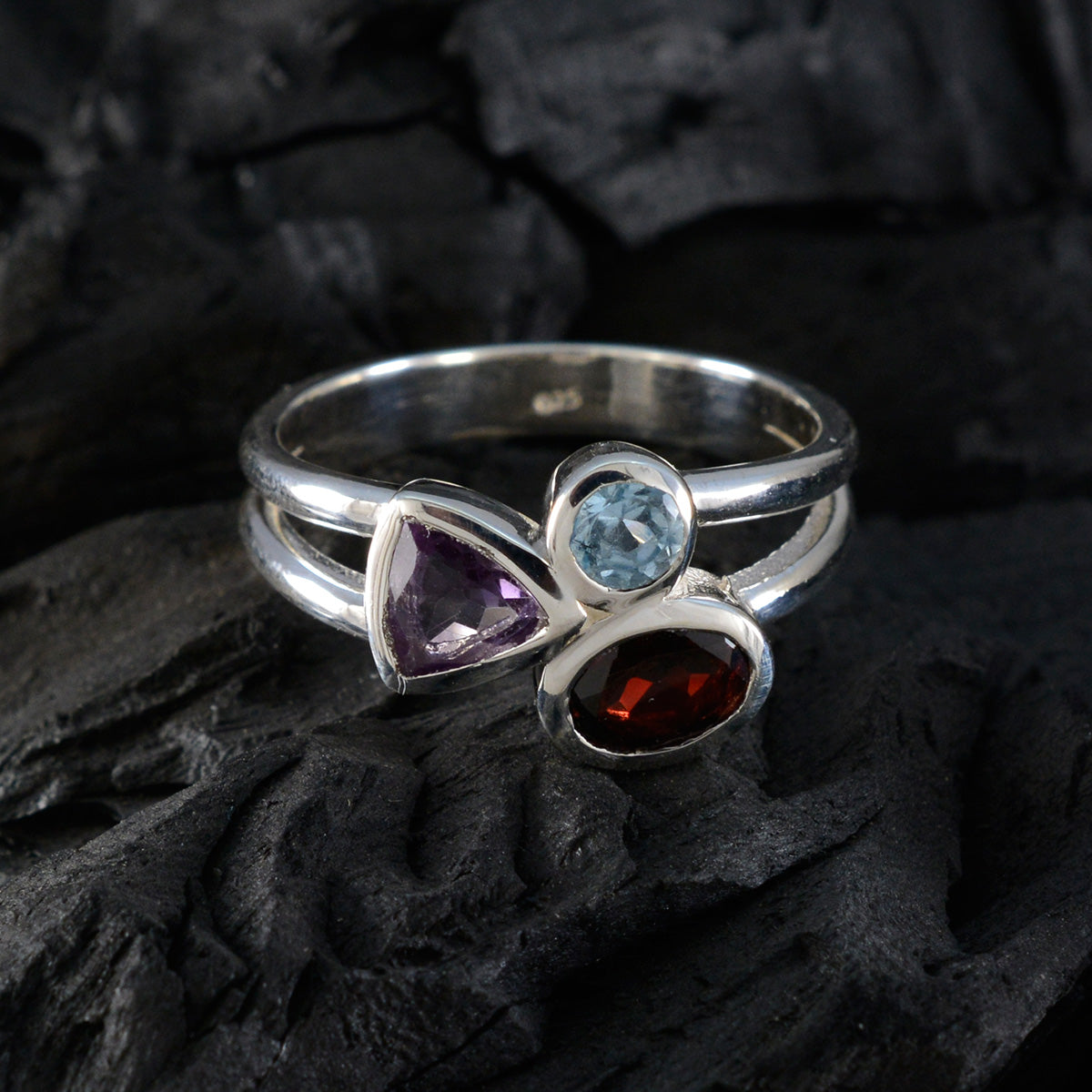 Multi Stone Trilogy Indian 925 Sterling Silver multicolor Gemstone Minimal Romantic Ring Jewellery