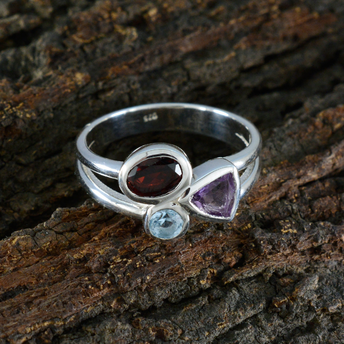 Multi Stone Trilogy Indian 925 Sterling Silver multicolor Gemstone Minimal Romantic Ring Jewellery