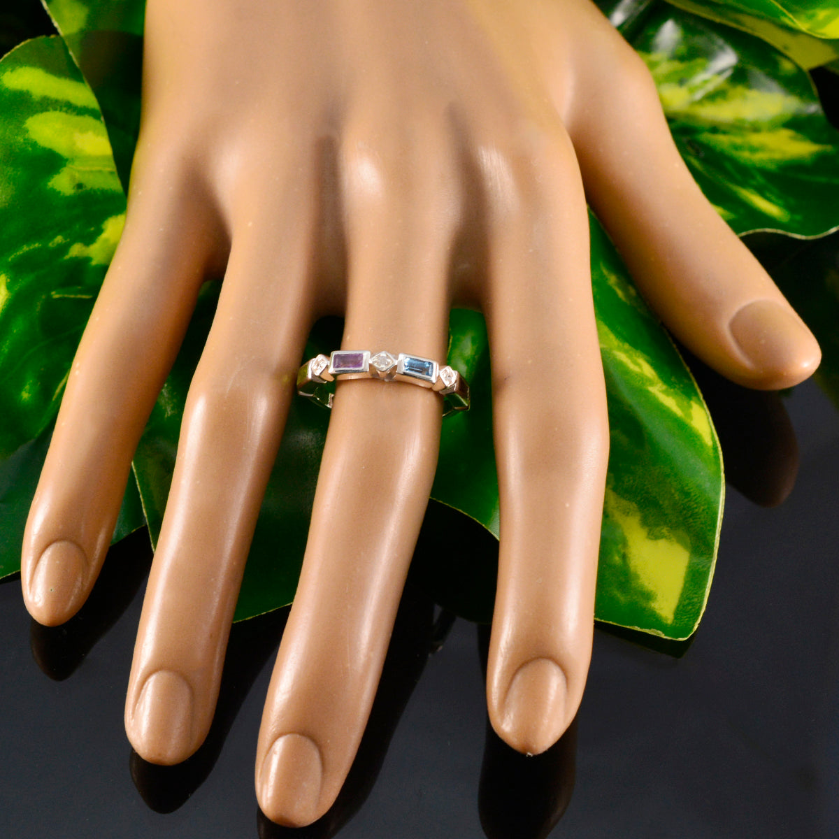 Multi Stone quarter American Sterling Silver multicolor Gems Dainty Trendy Band Jewelry