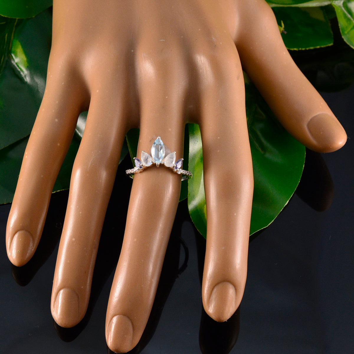 Multi Stone Penta Turkish Sterling Silver multicolor Gems Elegant  crown Ring Jewelry