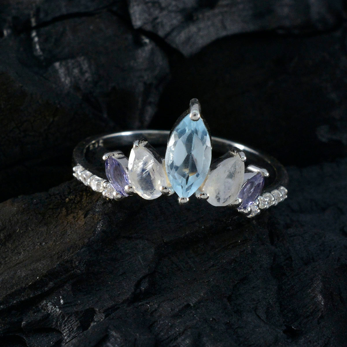 Multi Stone Penta Turkish Sterling Silver multicolor Gems Elegant  crown Ring Jewelry