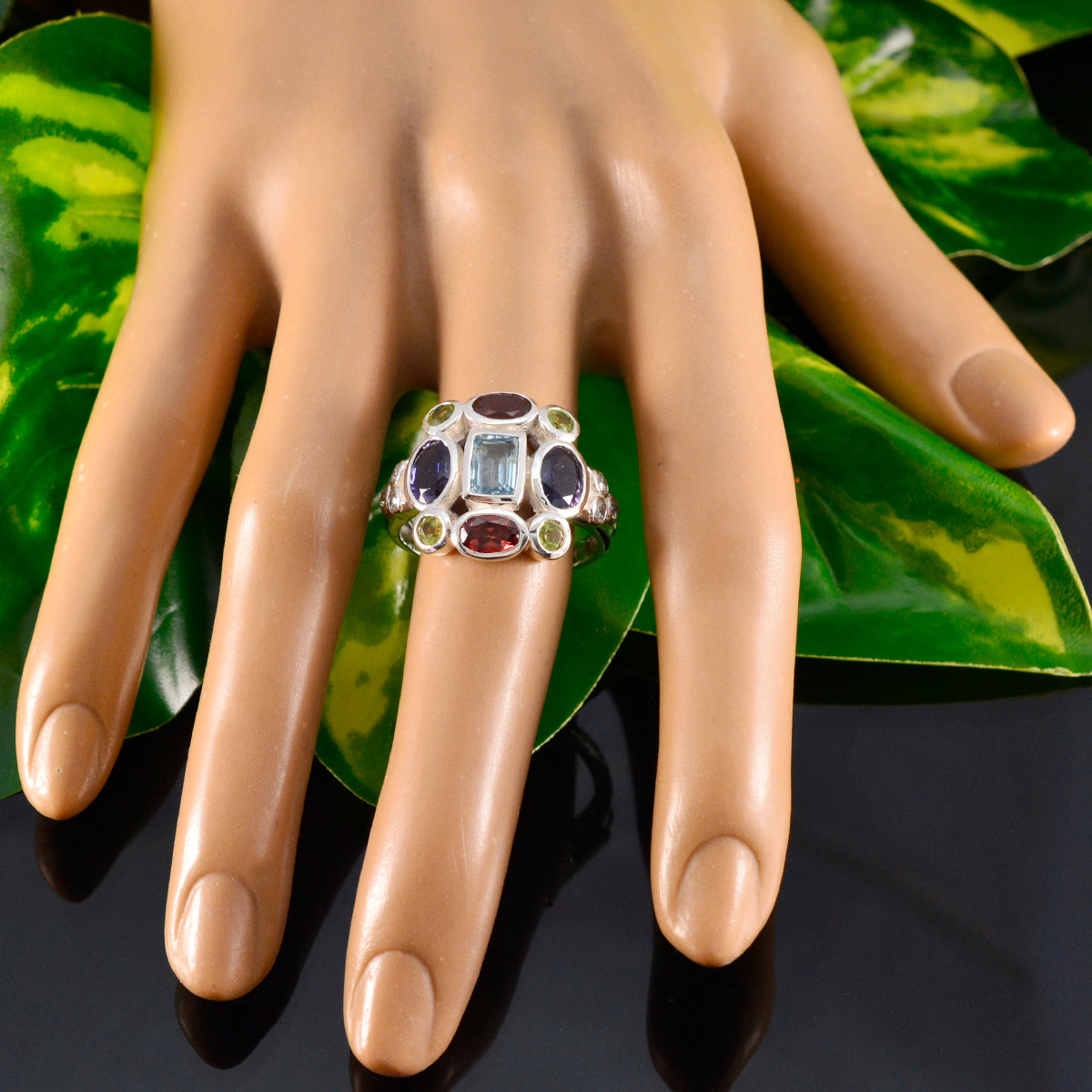 Multi Stone Navratna French 925 Sterling Silver multicolor Gems Classic Cocktail Ring Jewelry