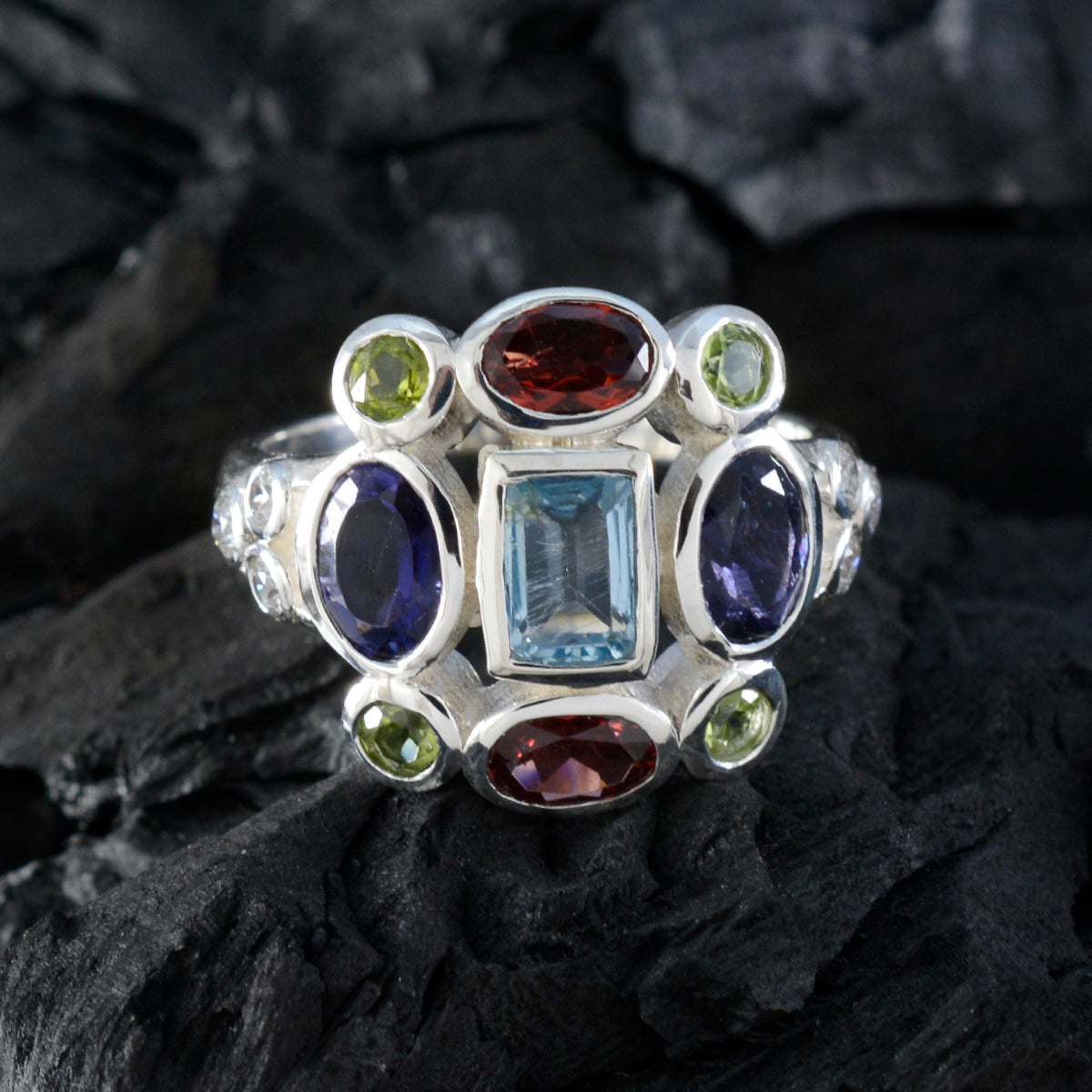 Multi Stone Navratna French 925 Sterling Silver multicolor Gems Classic Cocktail Ring Jewelry