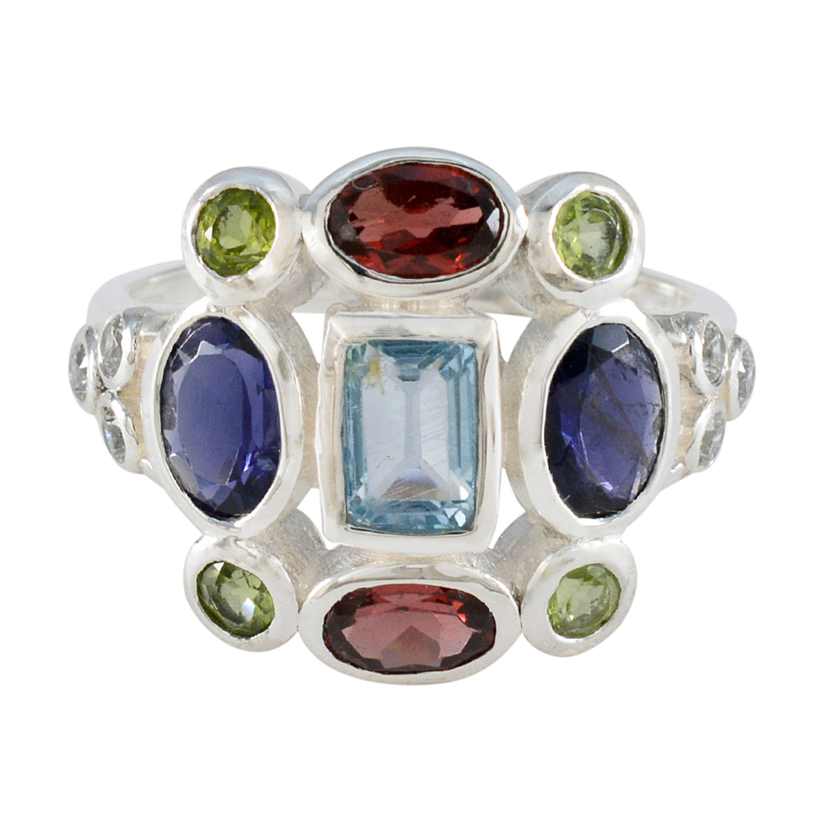 Multi Stone Navratna French 925 Sterling Silver multicolor Gems Classic Cocktail Ring Jewelry Imagen principal del producto