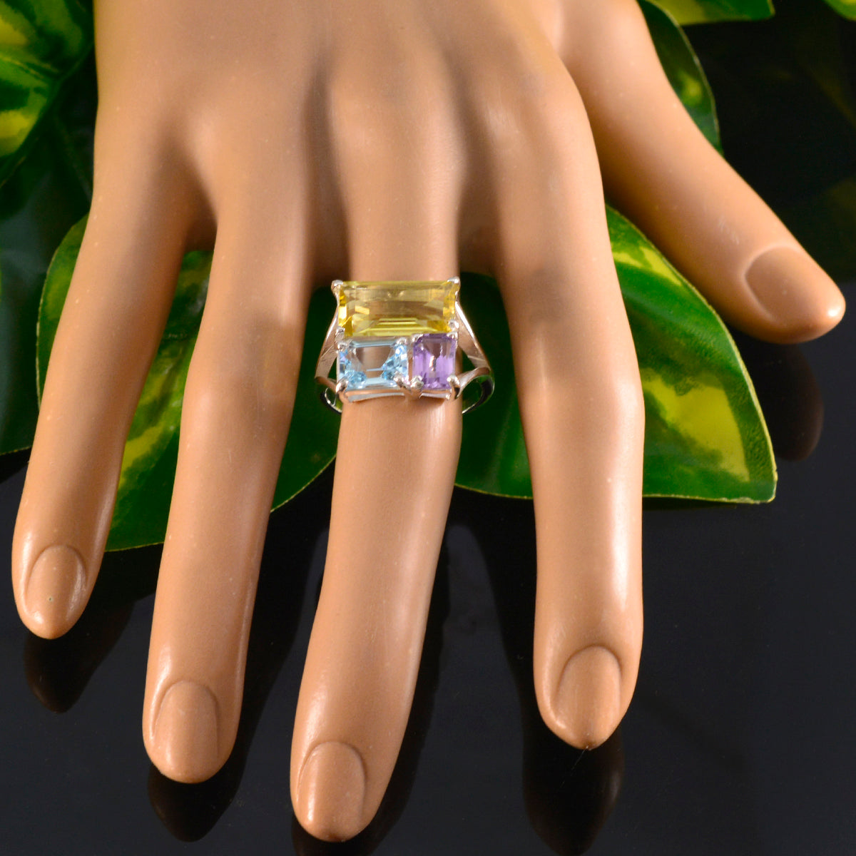 Multi Stone Trilogy Egyptian Sterling Silver multicolor Gemstones Classic Trendy Ring Jewelry