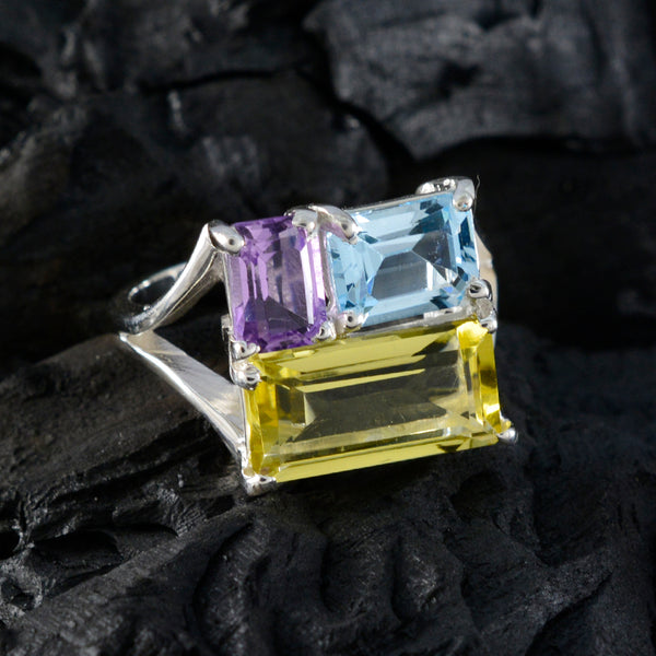 Multi Stone Trilogy Egyptian Sterling Silver multicolor Gemstones Classic Trendy Ring Jewelry