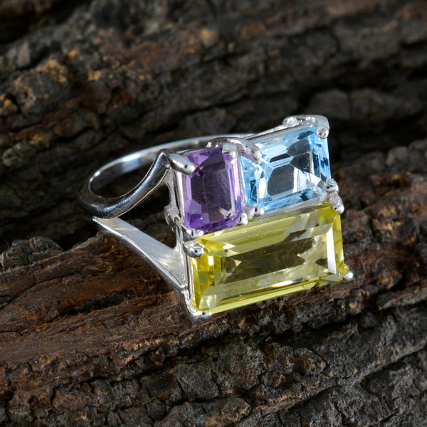Multi Stone Trilogy Egyptian Sterling Silver multicolor Gemstones Classic Trendy Ring Jewelry