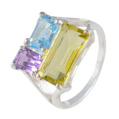 Multi Stone Trilogy Egyptian Sterling Silver multicolor Gemstones Classic Trendy Ring Jewelry