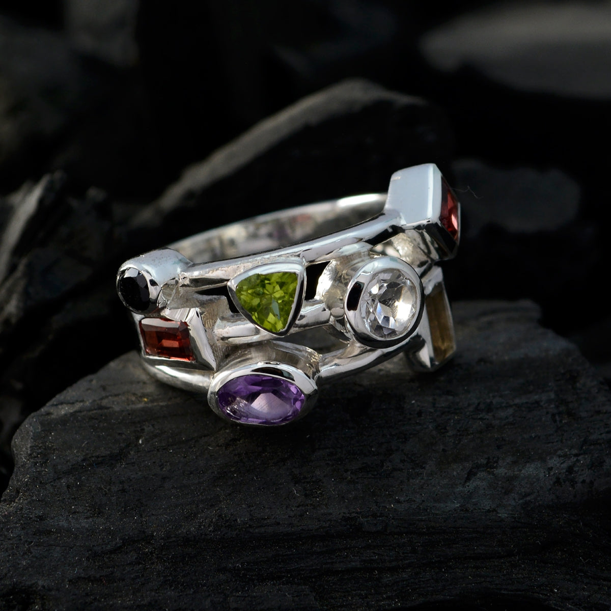 Multi Stone multiple Indian 925 Sterling Silver multicolor Gems Versatile Cocktail Ring Jewellery