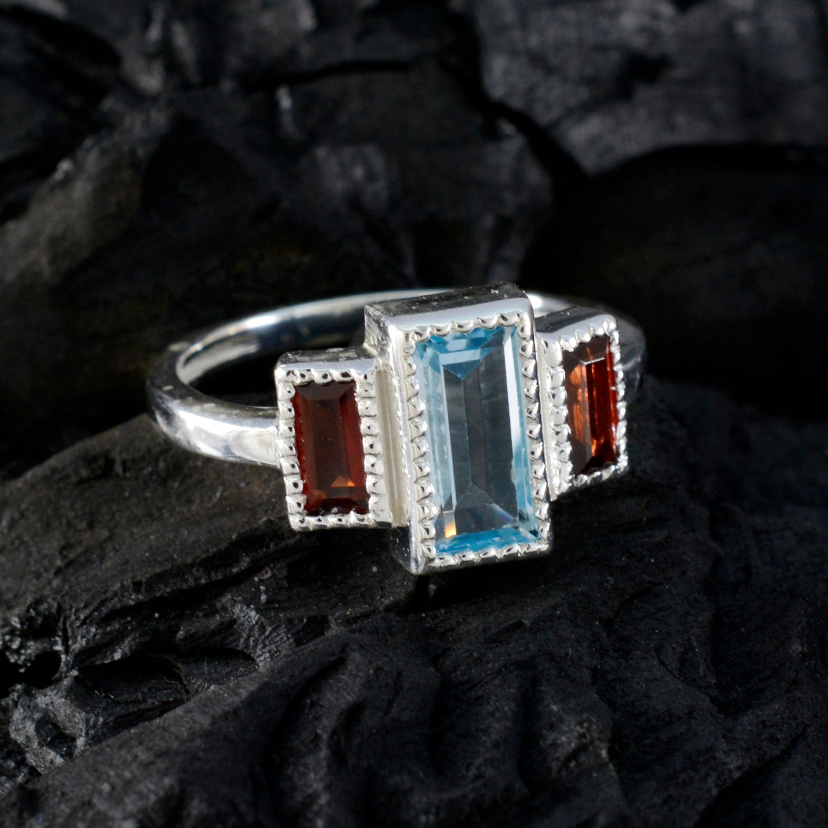 Multi Stone Trilogy Egyptian Sterling Silver multicolor Gems Featherlight Trendy Ring Jewelry