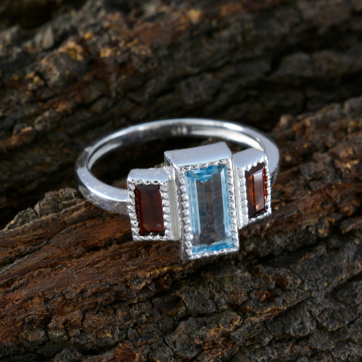 Multi Stone Trilogy Egyptian Sterling Silver multicolor Gems Featherlight Trendy Ring Jewelry