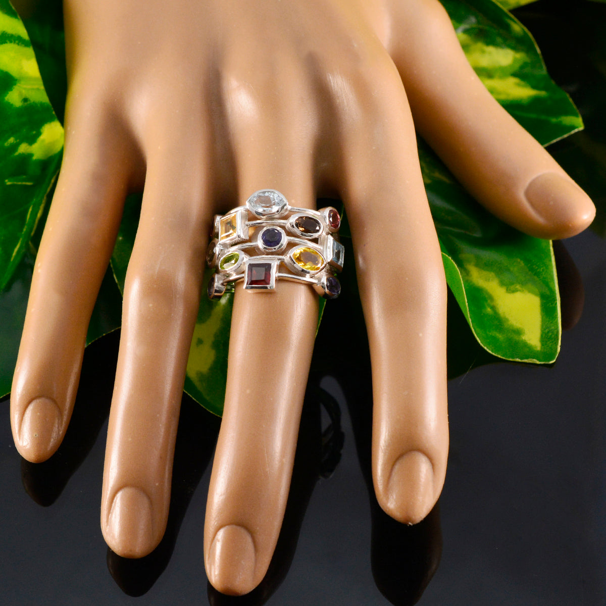 Multi Stone multiple French Sterling Silver multicolor Gems Eye catching Cocktail Ring Jewelry