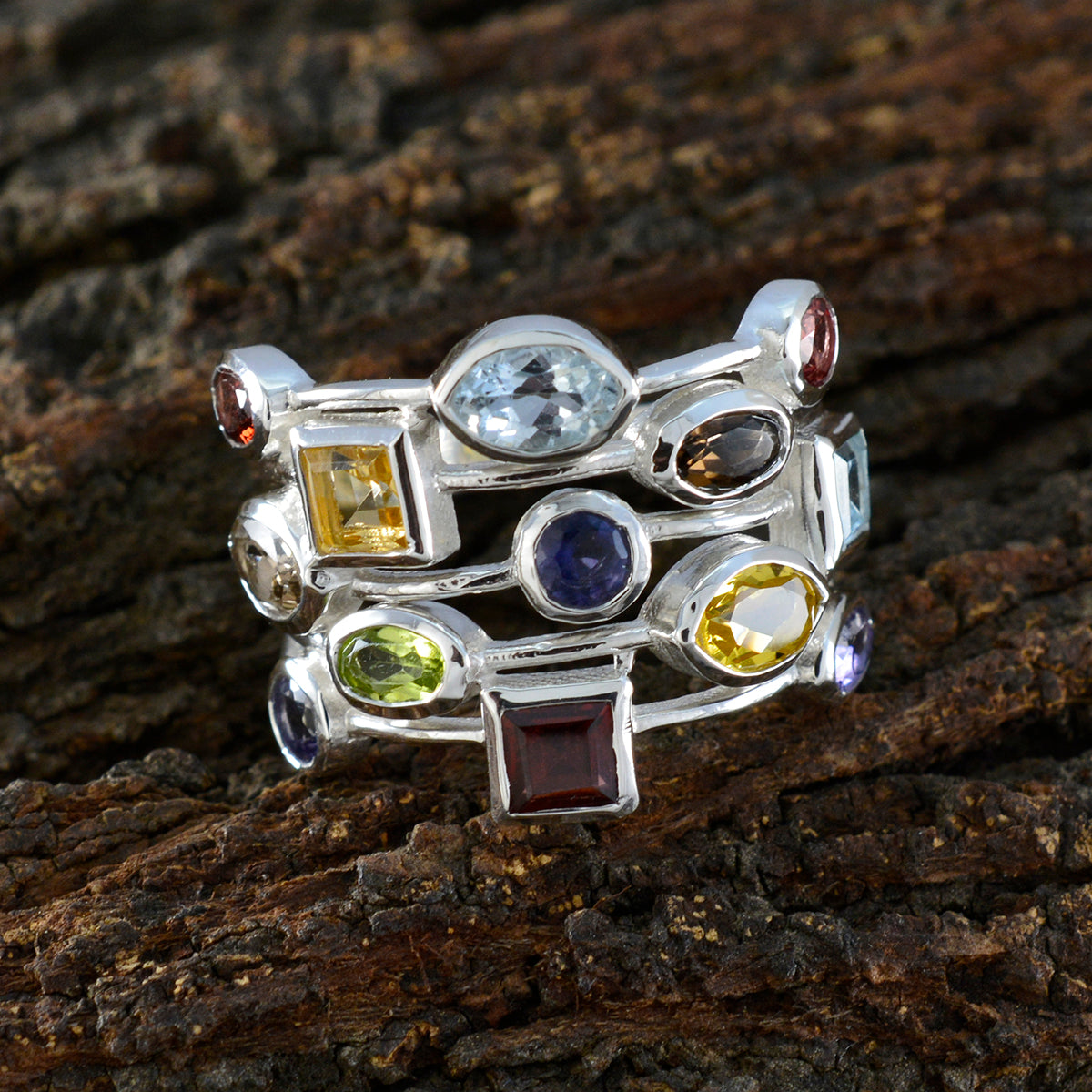 Multi Stone multiple French Sterling Silver multicolor Gems Eye catching Cocktail Ring Jewelry