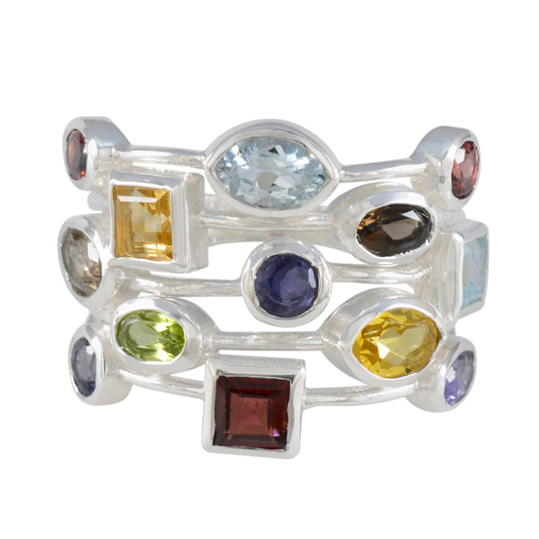 Multi-Stein mehrere Französisch Sterling Silber mehrfarbige Edelsteine Auffälliger Cocktail-Ring Schmuck