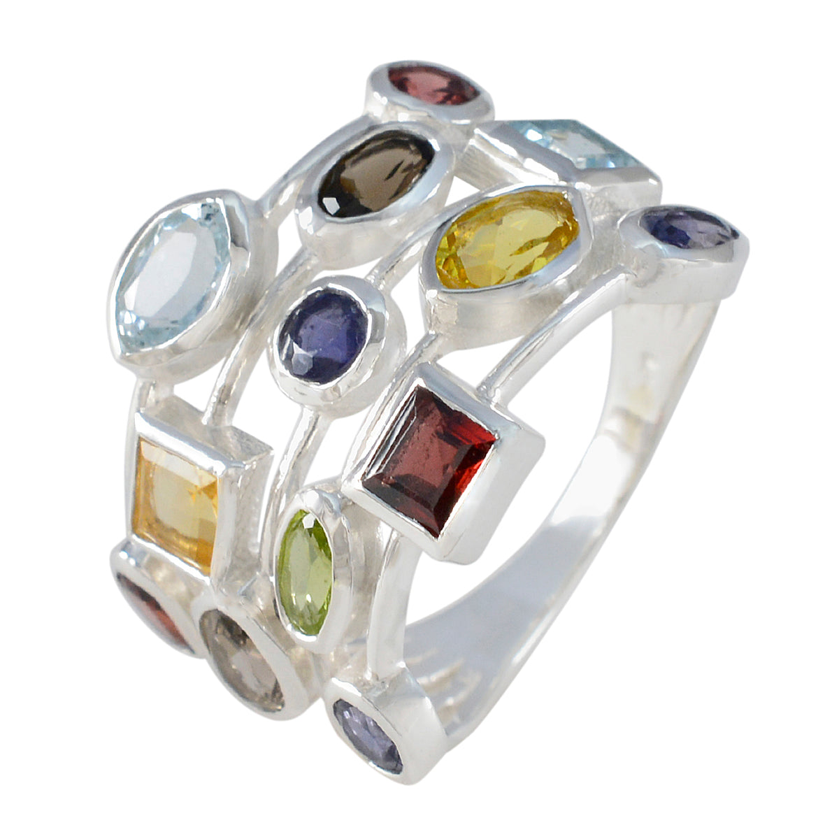 Multi Stone multiple French Sterling Silver multicolor Gems Eye catching Cocktail Ring Jewelry