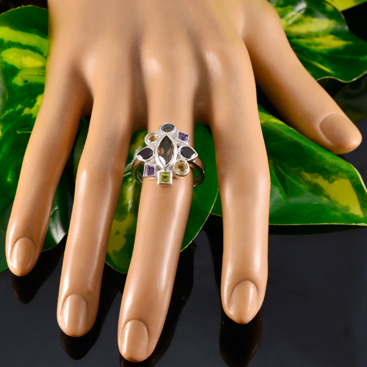 Multi Stone navratna Moroccan Silver multicolor Gemstones Eye catching Cocktail Ring Jewelry