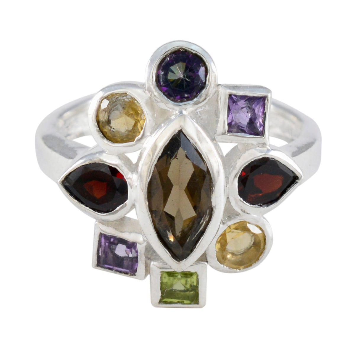 Multi Stone navratna Moroccan Silver multicolor Gemstones Eye catching Cocktail Ring Jewelry