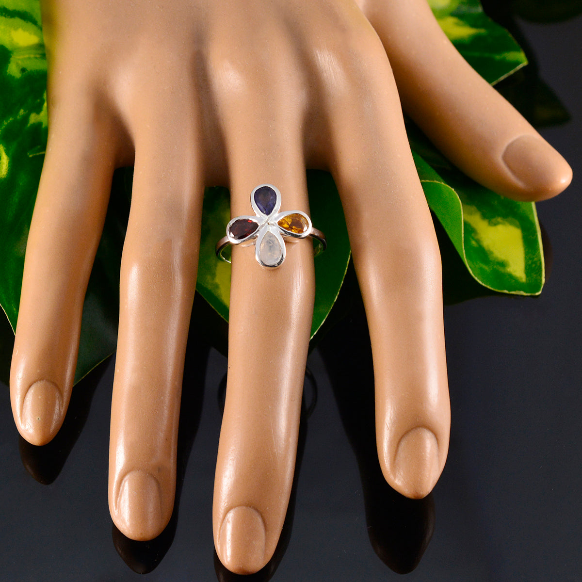 Multi Stone quarter American Silver multicolor Gemstone Dainty Floral Ring Jewelry