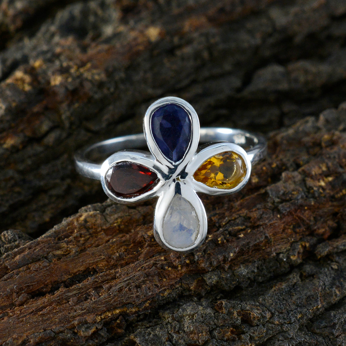 Multi Stone quarter American Silver multicolor Gemstone Dainty Floral Ring Jewelry
