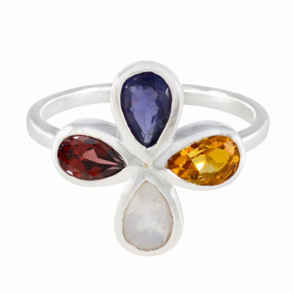 Multi Stone quarter American Silver multicolor Gemstone Dainty Floral Ring Jewelry