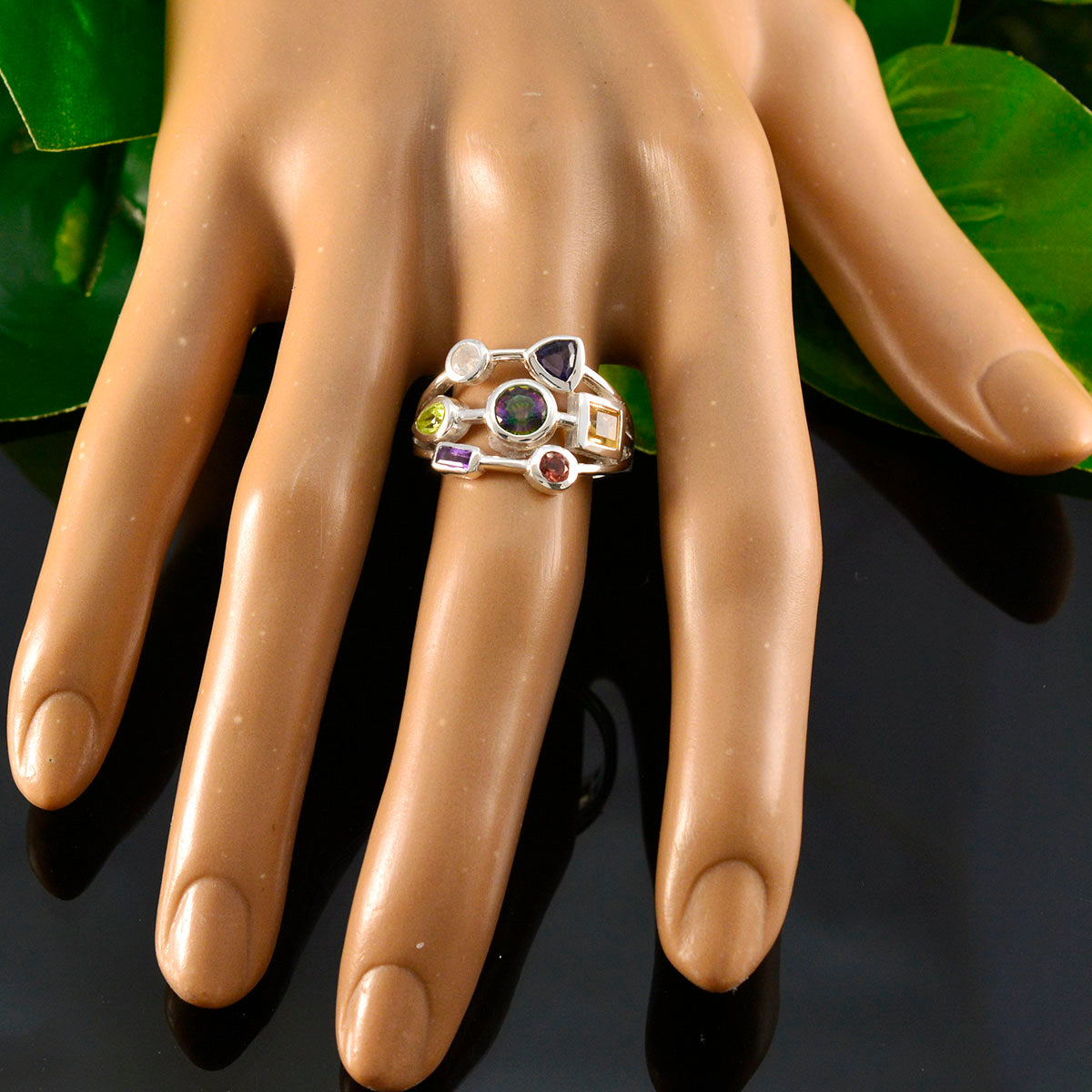 Multi Stone Hepta German Silver multicolor Gemstones Featherlight Cocktail Ring Jewellery