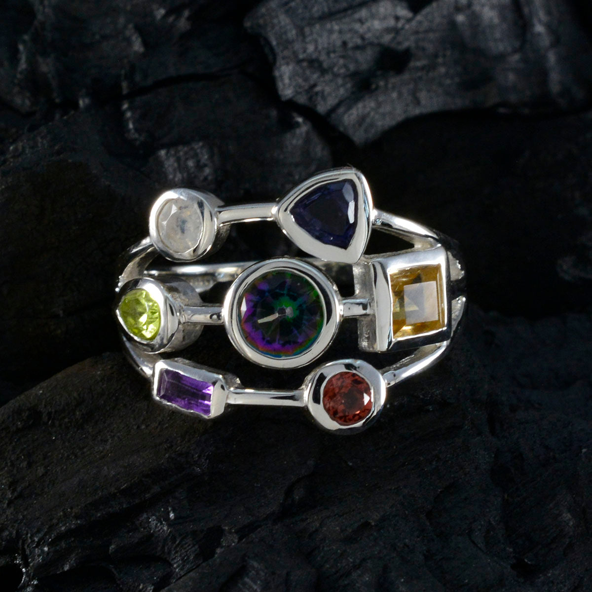 Multi Stone Hepta German Silver multicolor Gemstones Featherlight Cocktail Ring Jewellery