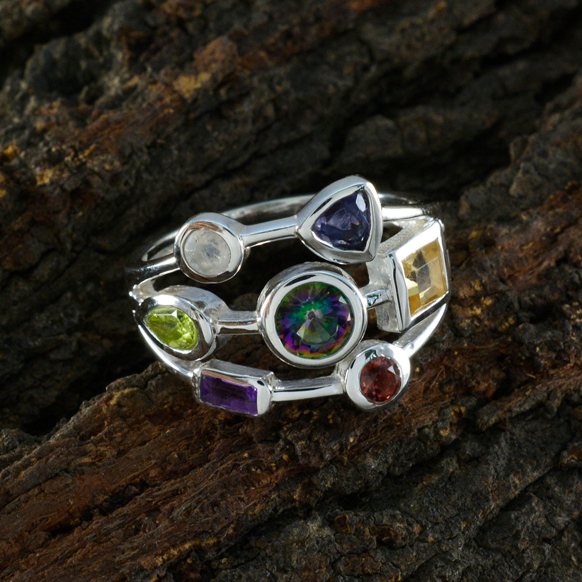 Multi Stone Hepta German Silver multicolor Gemstones Featherlight Cocktail Ring Jewellery