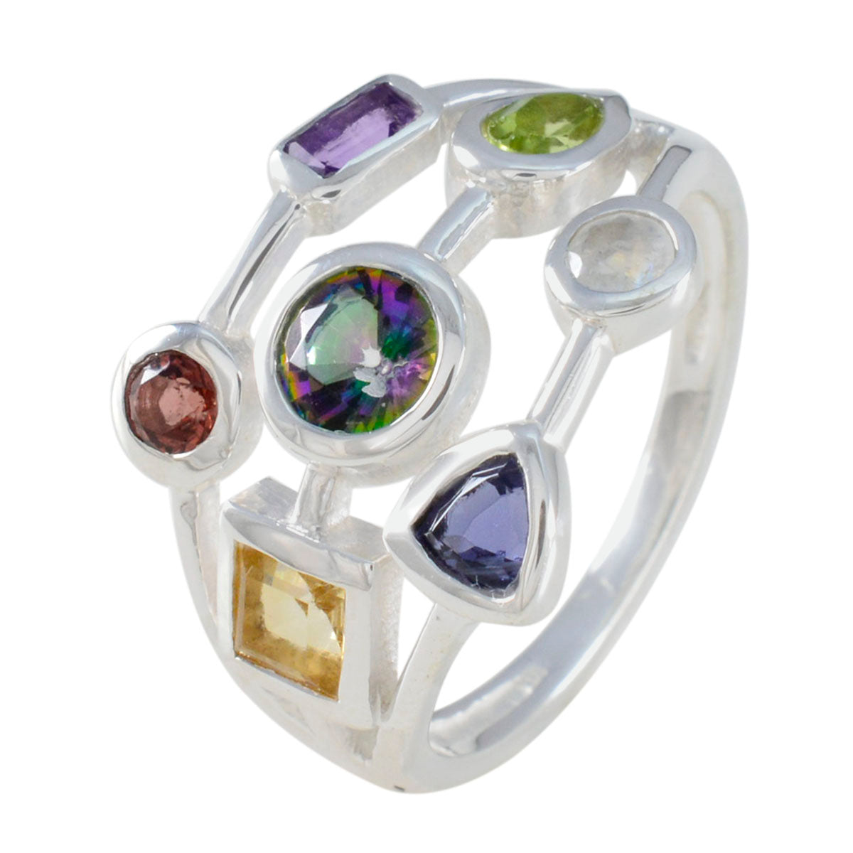 Anello da cocktail leggero con pietre preziose multicolori Hepta in argento tedesco multi pietra Immagine secondaria del prodotto