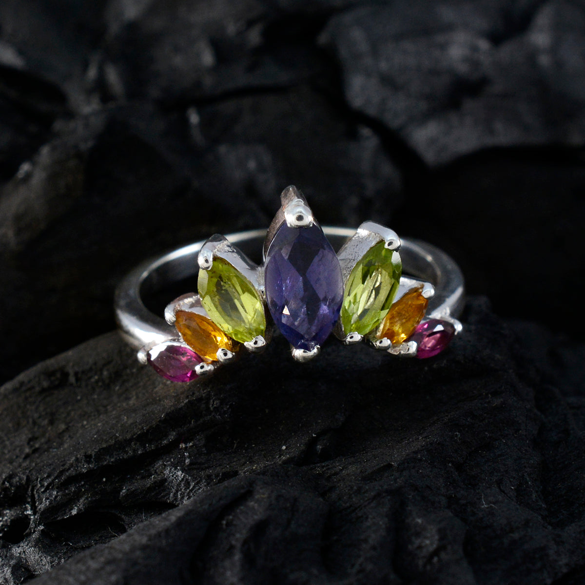Multi Stone Hepta Japanese 92.5 Silver multicolor Gemstone Dainty crown Ring Jewelry