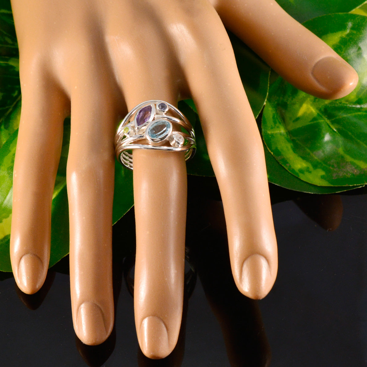 Multi Stone Penta African Silver multicolor Gemstones Eye catching Trendy Ring Jewelry